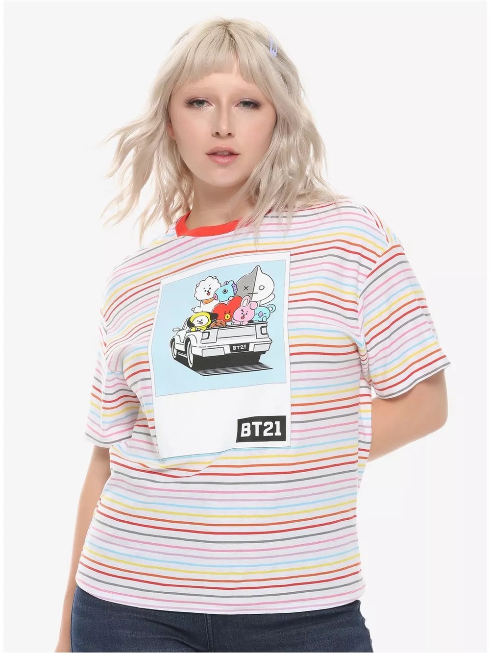 BT21 Short Sleeve Stripe Graphic Tee in White with Rainbow Stripes